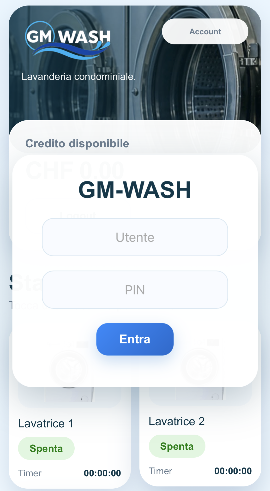 Interfaccia utente GM Wash con credito disponibile e stato macchine