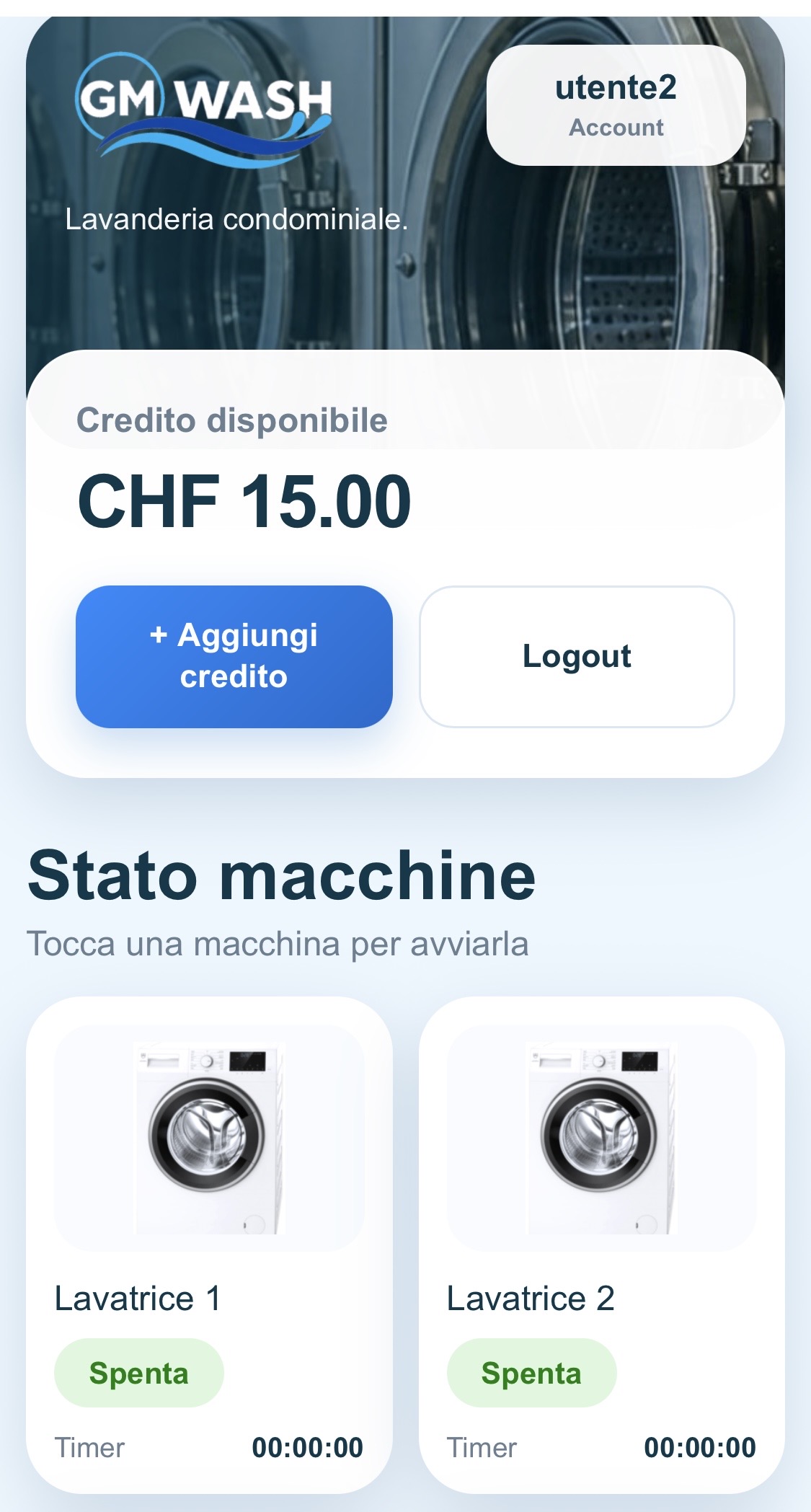 Schermata GM Wash con stato delle lavatrici e utenti attivi